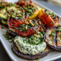 Grilled Veggie Platter with Hummus: colorful array of charred vegetables arranged around a bowl of creamy homemade hummus, perfect for summer gatherings.
