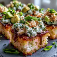Crispy rice salad with spicy tuna, avocado, and vibrant garnishes, a delightful fusion dish.