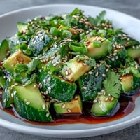 Vibrant Smashed Cucumber and Avocado Salad with Sesame, deconstructed into a fresh, colorful side dish.
