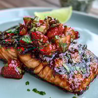 Juicy grilled salmon topped with bright strawberry avocado salsa, perfect for summer.