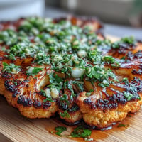 Smoky BBQ Cauliflower Steaks with chimichurri sauce, grilled golden brown and bursting with flavor.