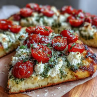 Viral cottage cheese flatbread with vibrant pesto and ripe tomatoes ready to eat.