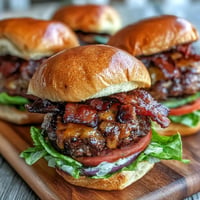 Juicy grilled Father's Day bacon burger sliders with melted cheese, a crowd-pleaser.