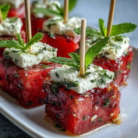 Refreshing watermelon feta bites on toothpicks, sparkling appetizer for parties.